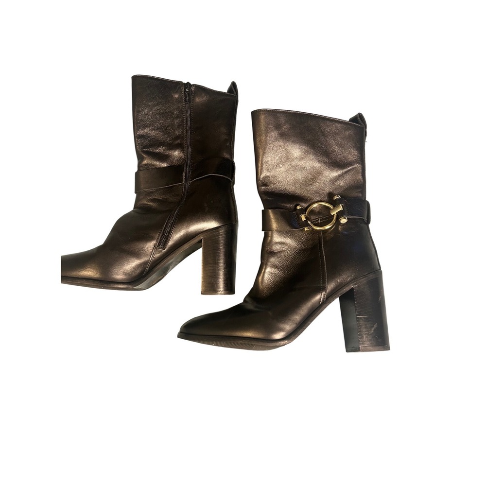 Davos Gomma Black Leather Mid-Calf Block Heel Boots Gold Buckle Italy 39